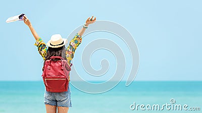 Happy traveler and tourism women travel summer on the beach. Stock Photo